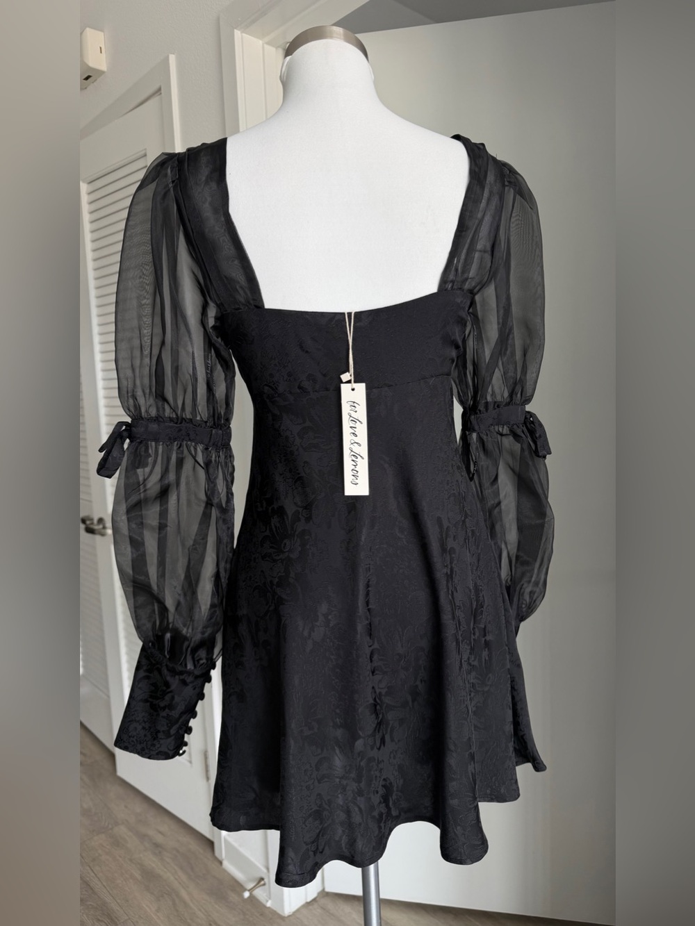 For Love & Lemons Gabrielle Puff-Sleeve Mini Dress (Black) — Size S. - Picture 7 of 15